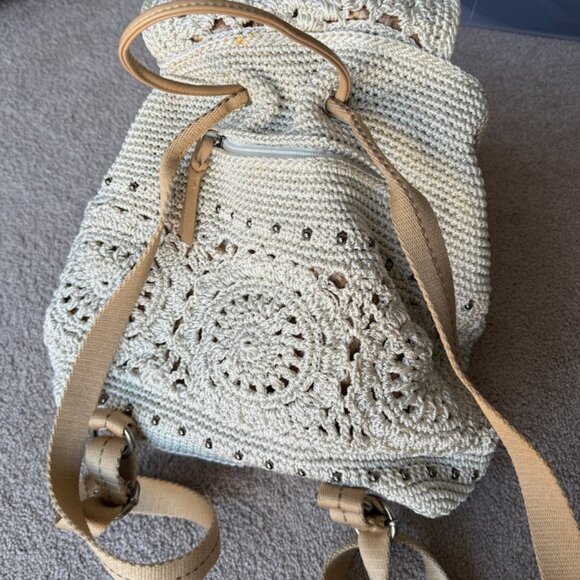 The Sak Cream Macrame Knit Backpack – Boho Neutral Woven Bag Purse - Picture 4 of 4